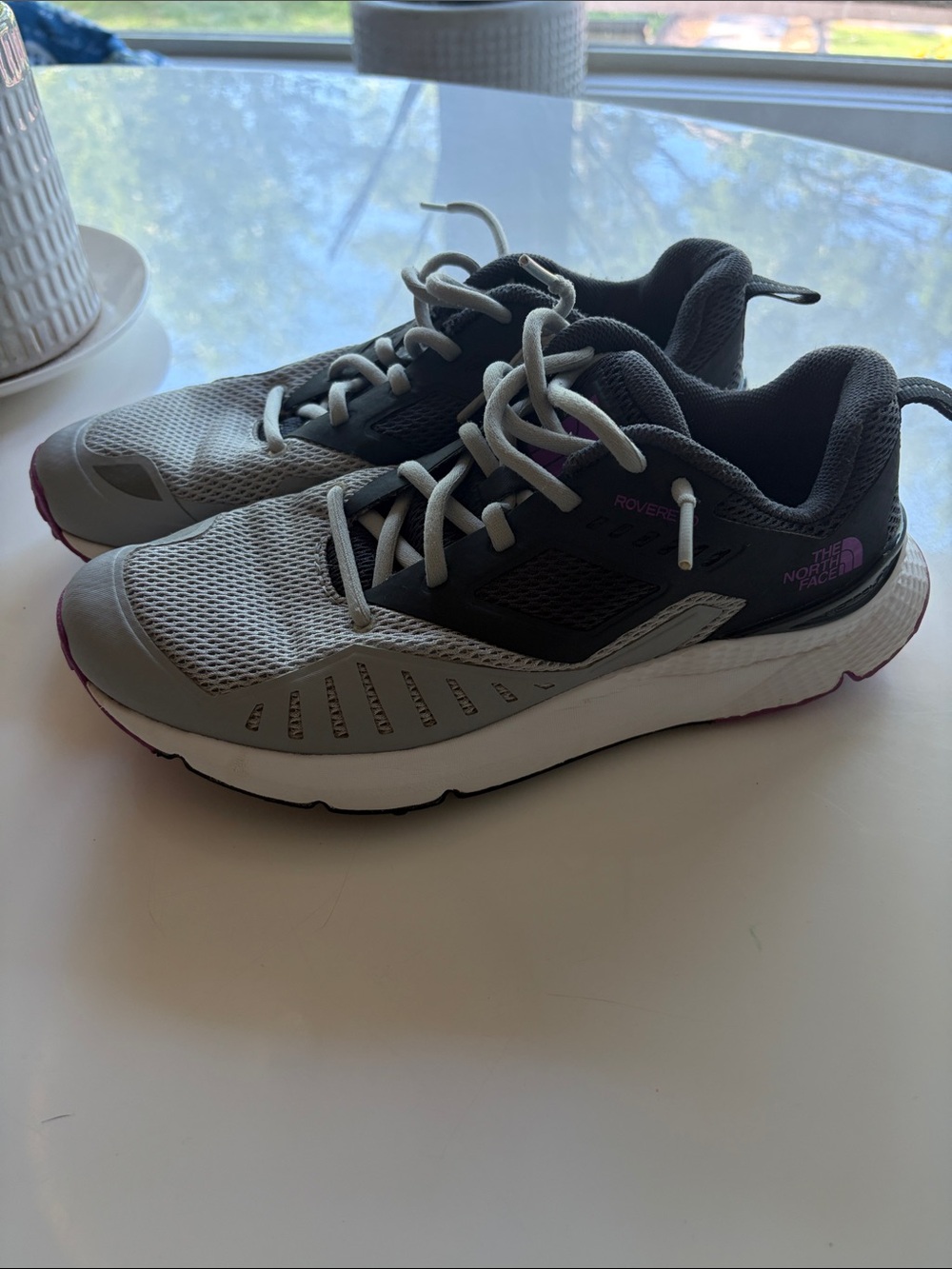 The North Face Women's Gray Athletic Running Shoes with Purple Accents
